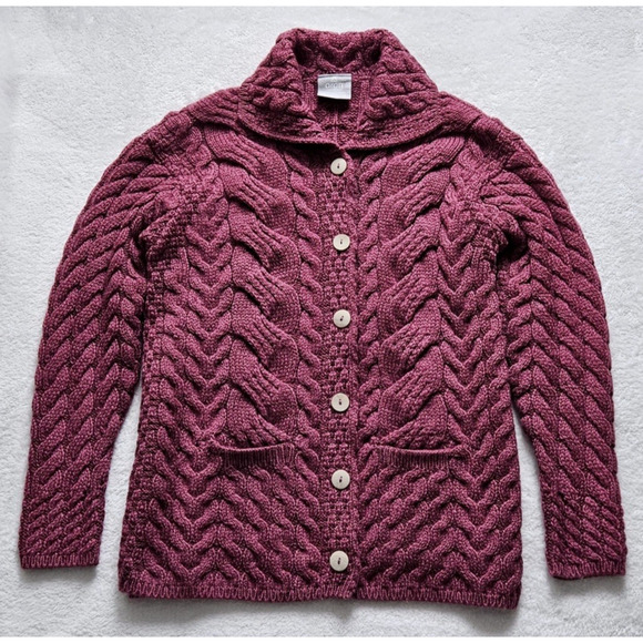 ARAN Woolen Mills IRELAND soft chunky merino-wool knit pocket sweater cardigan L - Picture 2 of 14